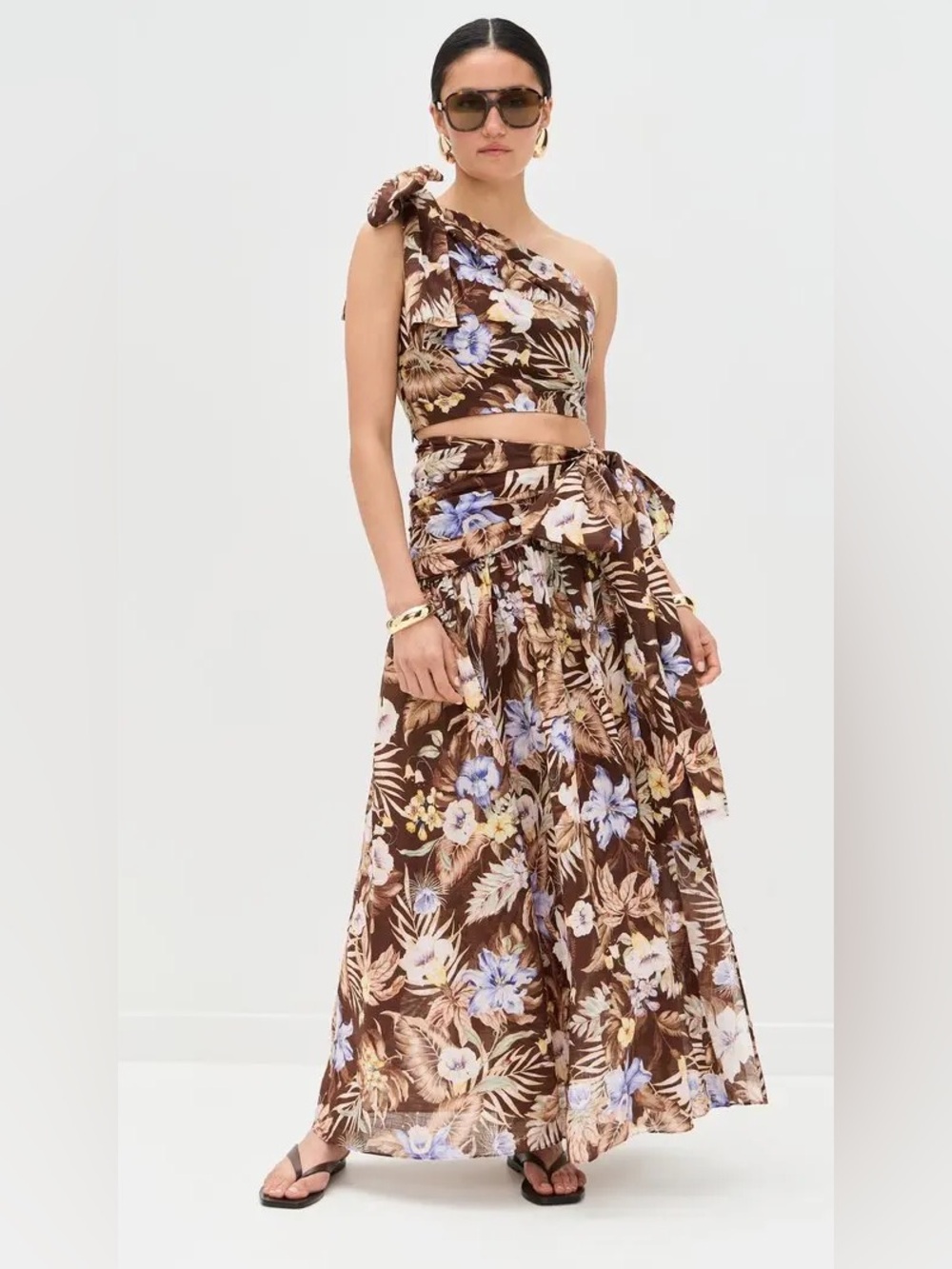 2 pc Set Zimmermann Coco Floral Maxi Skirt One Shoulder Pleated Bow Matching
